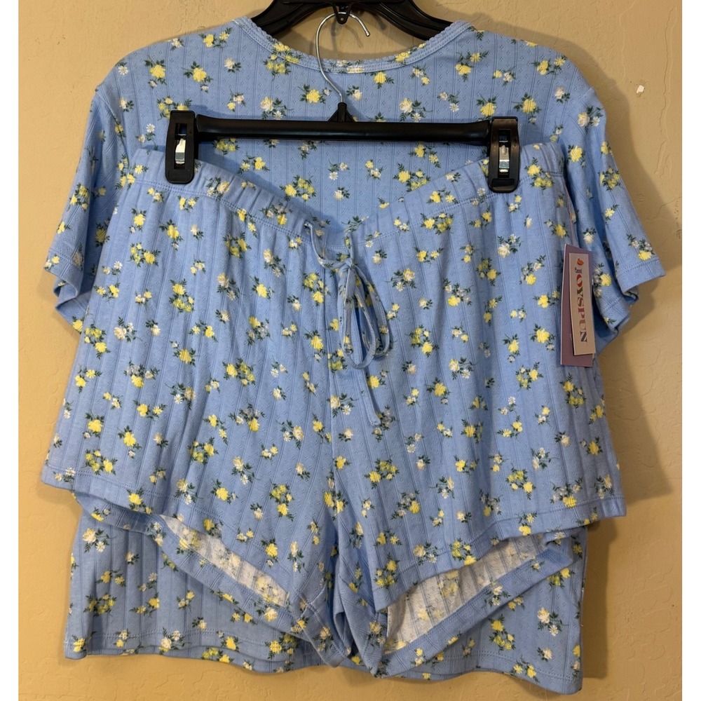 Joyspun Pajama Set‎ Women L Blue Floral Ribbed Knit Tee & Shorts Lounge NEW